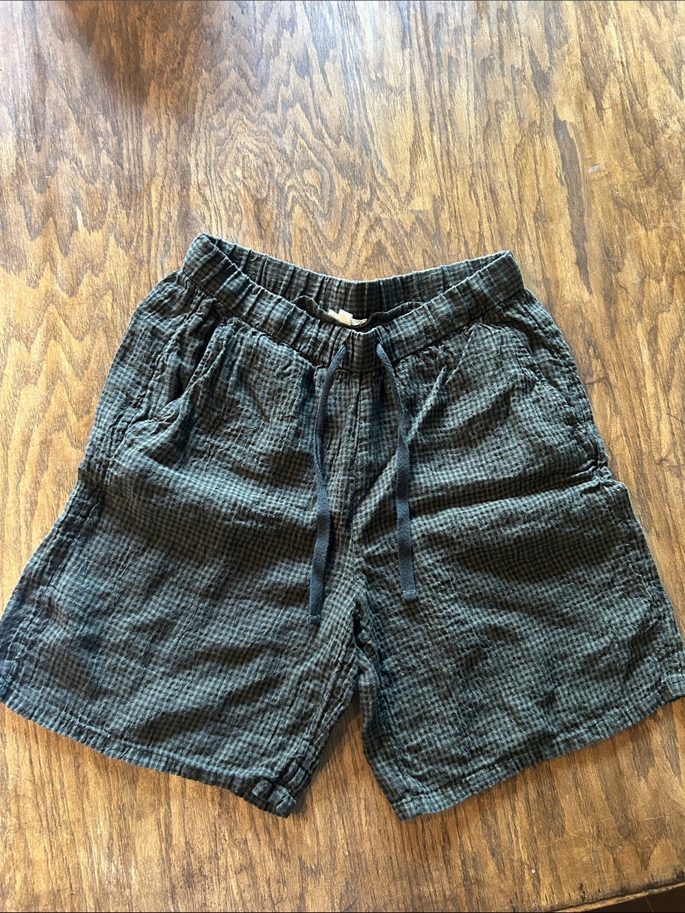 Eileen Fisher Women's High Waist Drawstring Shorts in Dark Green Plaid